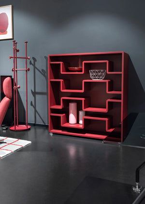 Xeon Wooden Bookcase 8 in Red Finish with Red Steel Coatrack in Modern Office Setting