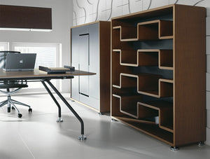 Xeon Wooden Bookcase 9 in Smoked Oak Finish with Side.Cabinet in Modern Office Setting