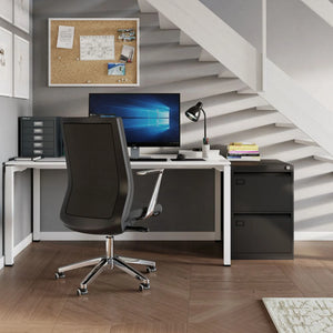 AOC Filing Cabinet in Black Finish with White Adjustable Desk in Home Office Setup