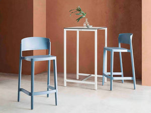 Abuela Canteen Stool In Blue Finish With Hightop Table In Breakout Setting