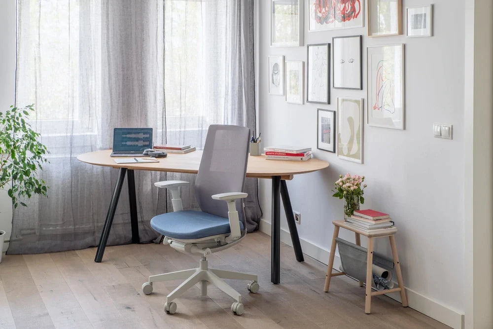 Accis Pro Premium Ergonomic Task Chair with Oval Shaped Desk and Wooden Side Table