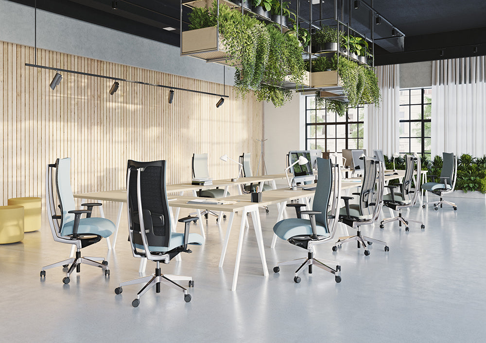 Action 100 Sfl Executive Armchair 7 In Light Blue Finish With Wooden Table In Boardroom Setting