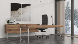 Narbutas Air Executive Desk In Wooden Finish With Grey Table Lamp And Cupboard In Office Setting