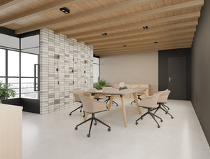 Alega 2 Piece Meeting Table in Sonoma Oak Finish with Pink Finish Jupiter Mobile Meeting Room Chair in Modern Office Setting