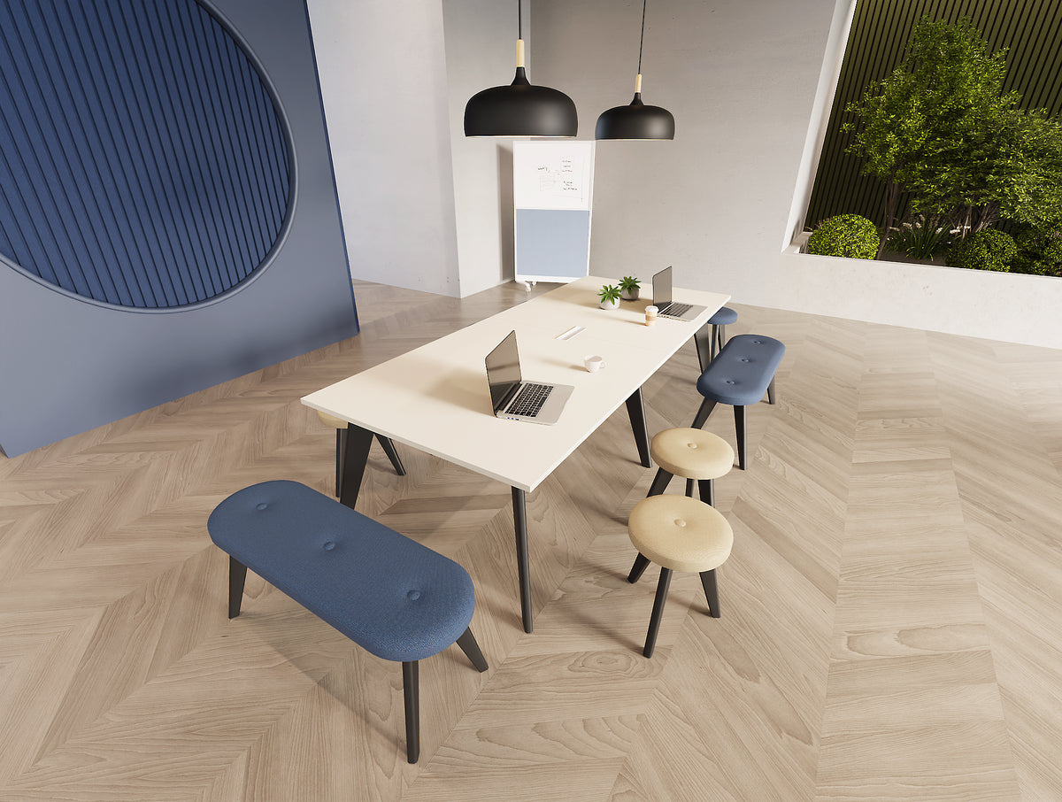 Alega Meeting Room Table with Alega Benches and Stools with Spry Mobile Wall with Whiteboard and Fabric Panel in Modern Office Setting