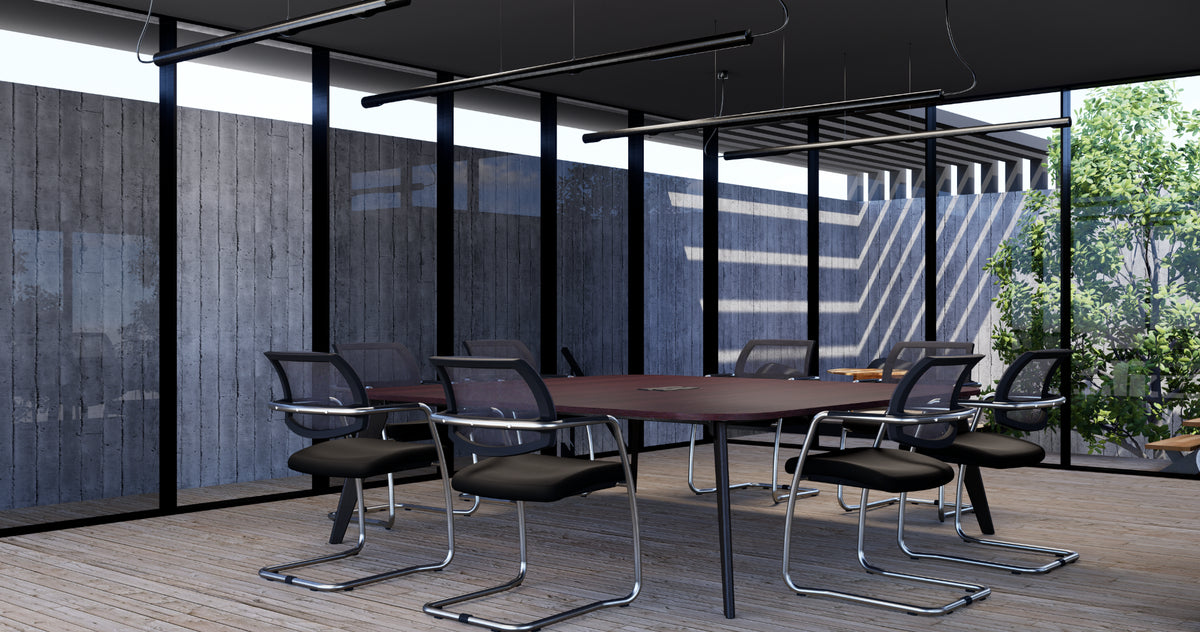 Alega Square Top Dark Walnut Table with Black Finish Sled Base Chair in Modern Office Setting
