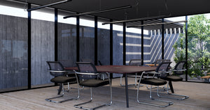 Alega Square Top Dark Walnut Table with Black Finish Sled Base Chair in Modern Office Setting