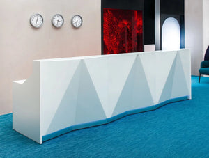 Alpa Reception Desk Summer White With White And Aluminum Glass Front And Grey Base