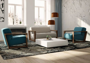 Arco Upholstered Armchair In Blue Green With White Sofa And Coffee Table In Living Room Settings