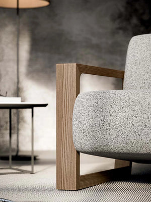Arco Upholstered Armchair In Light Grey Close Up Detail