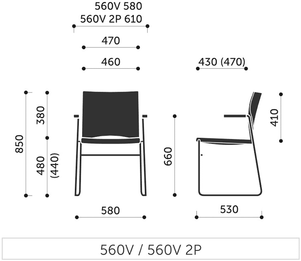 Ariz 570V 2P Upholstered Seat And Back Visitor Armchair With Armrest 3 Dimensions