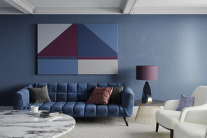 Art Sail Acoustic Wall Panel with Blue Sofa and White Armchair with Marble Top Round Table Lounge Area