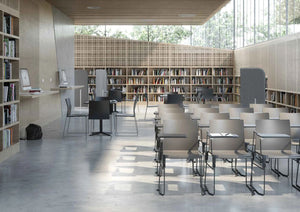Artesia Stackable Chair With Bookshelves And Freestanding Screen In Library Setting