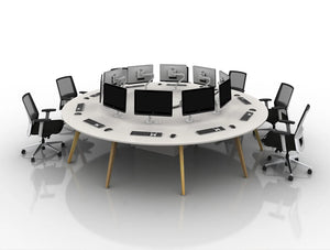 Arthur 10 Person Round Desking System With Computers And Wooden Legs