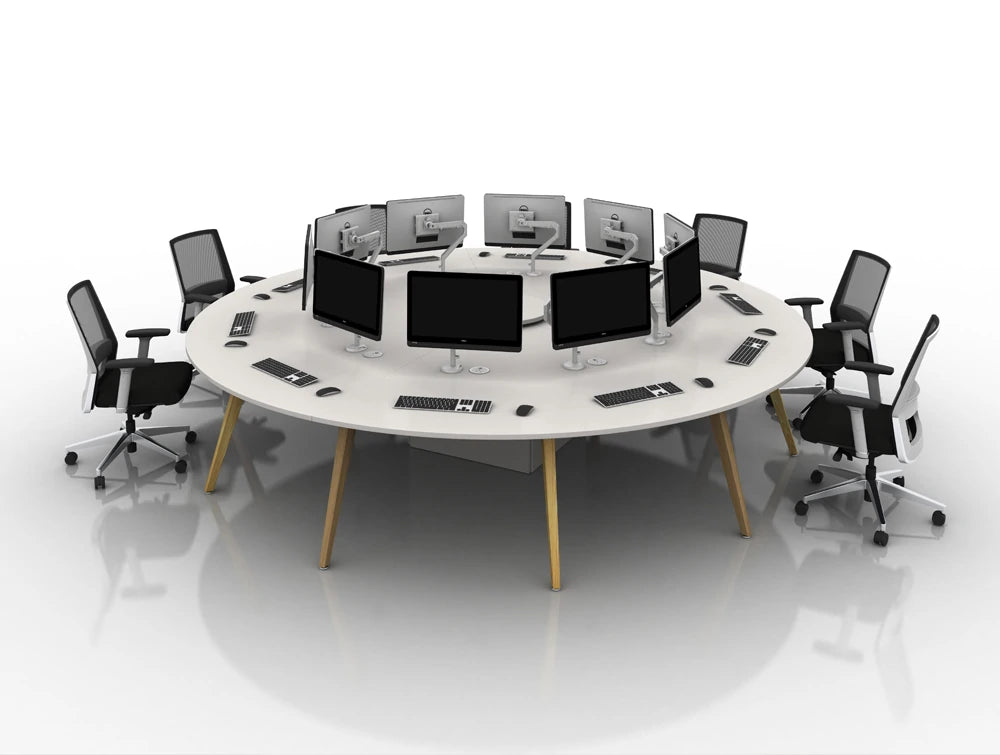 Arthur 10 Person Round Desking System With Computers And Wooden Legs