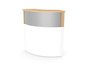 Ashford Reception Corner Desk Riser With Metal Front In Beech And Silver White Front Finish