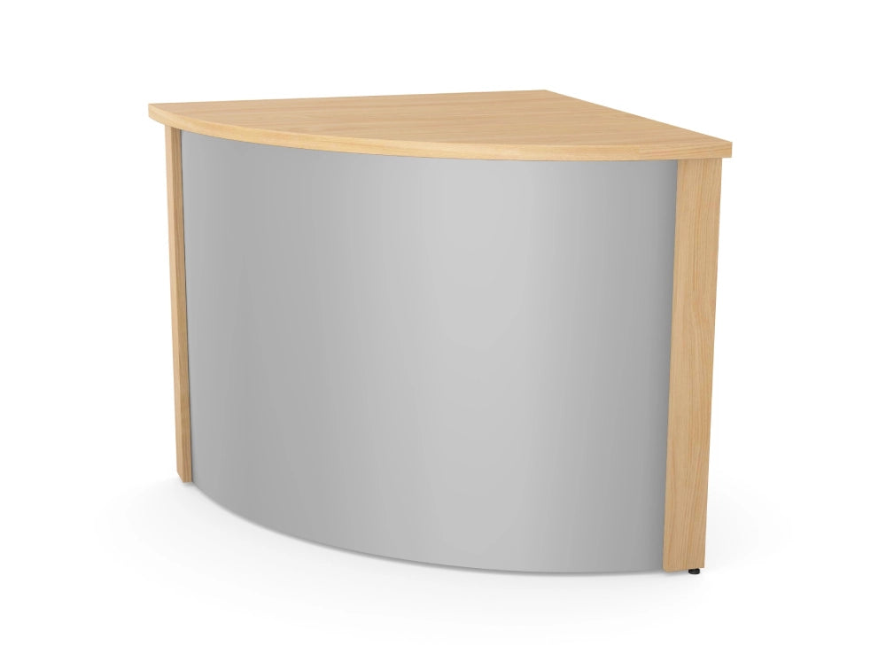 Ashford Reception Corner Desk With Metal Front In Beech And Silver Finish