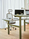 Astro Mesh Task Chair with Headrest with Sit Stand Bench Desk and Table Lamp in Modern Office Setting