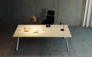 Axy Line Table In Wooden Light Oak Finish With Acoustic Ceiling Light And Black Ergonomic Chair