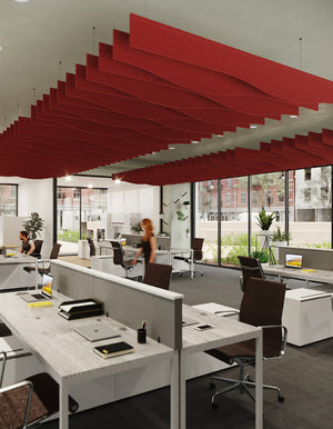 Baffle Cloud Acoustic Ceiling Baffle with Boardroom Chair and Rectangular Table in Office Setting