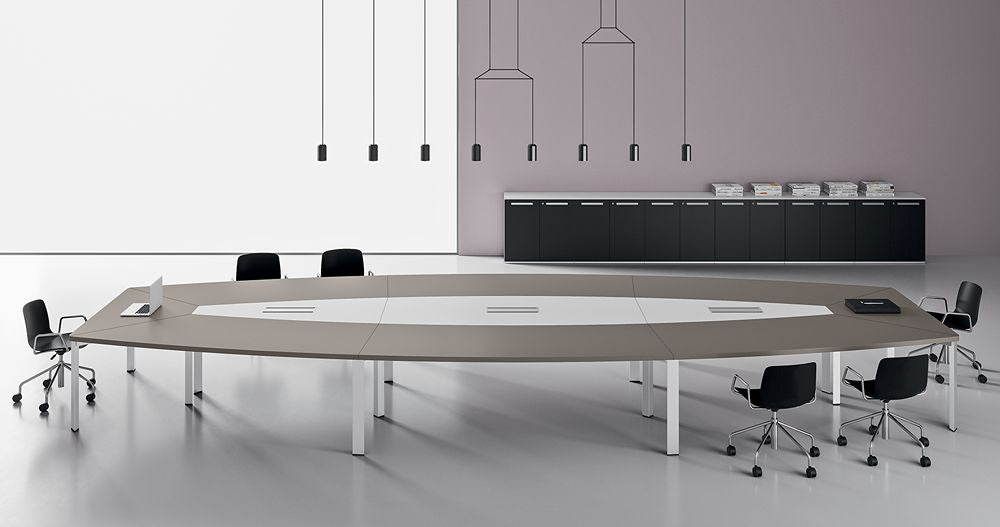 Barrel Shaped Meeting Room Table with Cube Metal Legs in Walnut Finish Mobile Armchairs in Meeting Room Setting