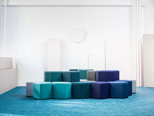 Bazalto Modular Pouffes Configuration With Various Blue Fabric Finishes With Yellow And Grey Fabrics