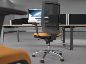 Begin Black Adjustable Mesh Task Chair with Modular Desk in Office Setting