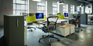 Bisley Office Chairs in Black Finish with Mobile Storage Unit and Computer Unit in Office Setting