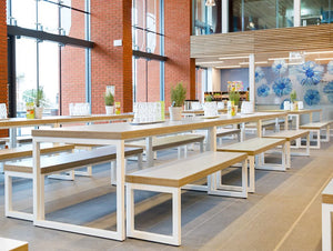 Block Steel White Canteen Table And Benches In A Canteen