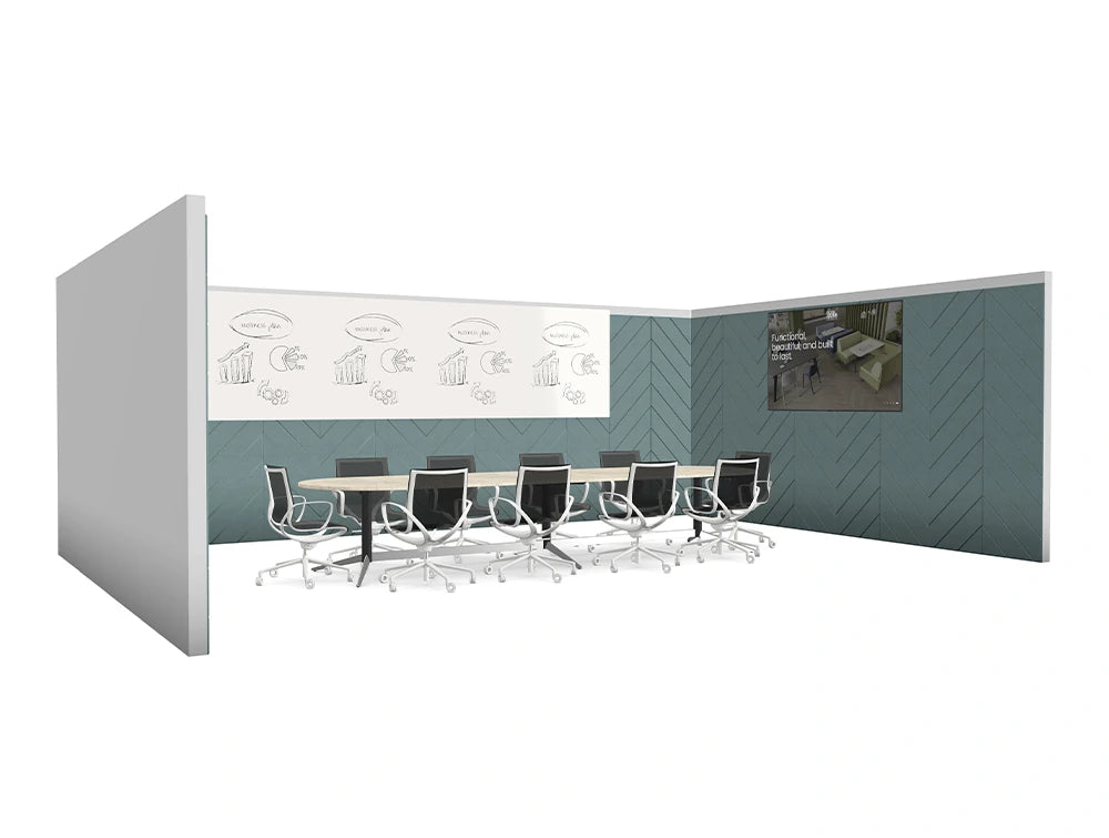 Boardroom Layout with Acoustic Panels and Glassboard Walls with Harmon Table and Gravity Meeting Room Chair