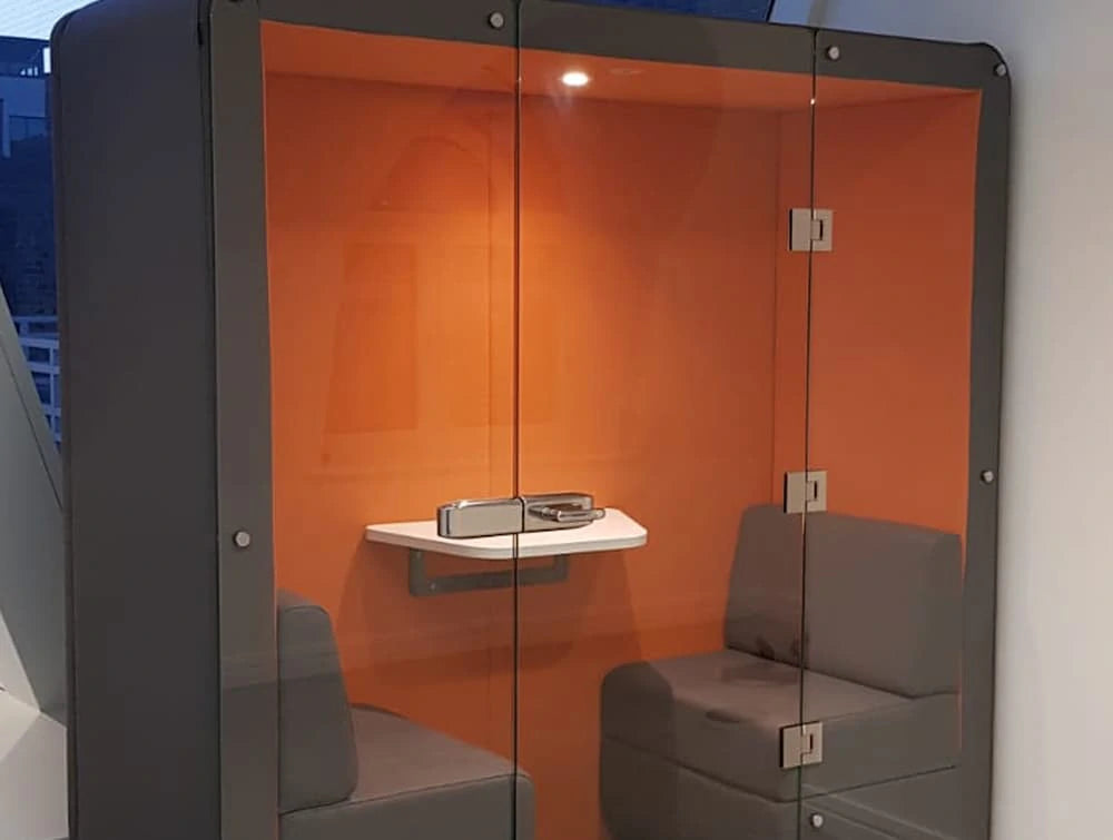 Bob Roofed Meeting Den With Glass With Orange Interior And Grey Exterior
