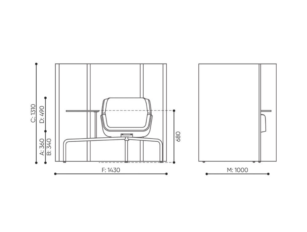 Booi Single Seater Workstation with Tablet Dimensions