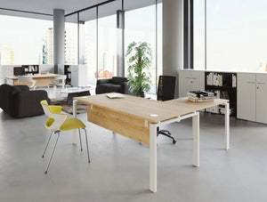 Buronomic Astro Desk for Open Space 2 in wood finish top with white legs in office with books on top