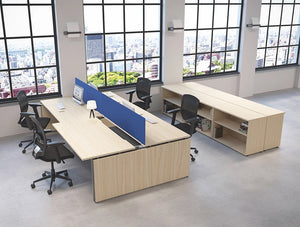 Buronomic Astro Desk for Open Space 6 with blue division on top with black chairs and in office