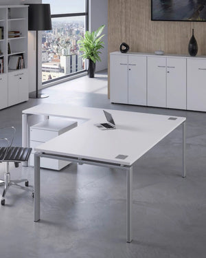 Buronomic Astro Executive Sober Desk In Grey Leg Finish With White Pedestal And Filing Cabinet