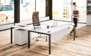 Buronomic Astro Executive Sober Desk In White Top Finish With High Back Armchair And White Pedestal