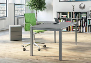 Buronomic Astrolite Shared Desk in Grey Top Finish with Grey Pedestal and Green Armchair