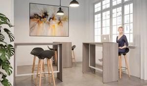 Buronomic Detente High Table In Wooden Grey Finish With Black Top High Stool And Pendant Light