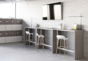 Buronomic Detente High Table In Wooden Grey Finish With White Top High Stool And Wooden Locker
