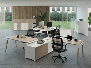 Buronomic Dialogue Natural Shared Desk 5 With Wood Finish Top With Macbook On Top