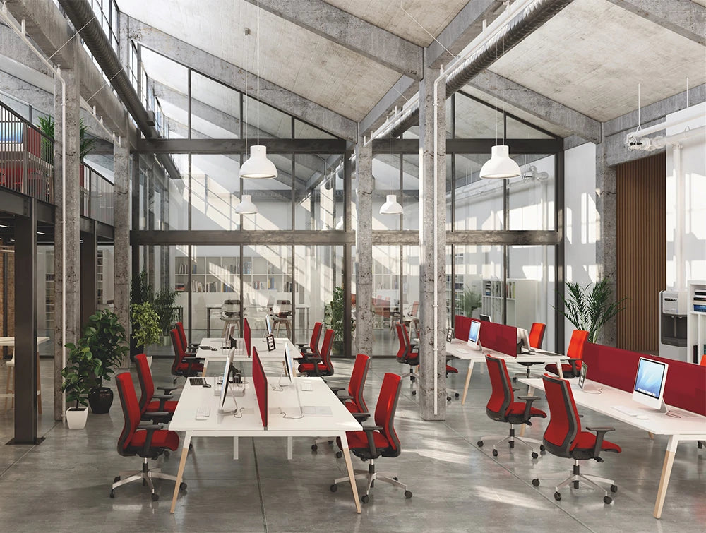 Buronomic Dialogue Natural Shared Desk 6 With White Finish Top In An Open Space Setting