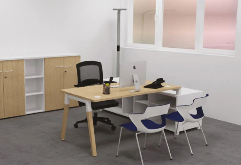 Buronomic Dialogue Natural Shared Desk In Oak Top Finish With Black Armchair And Wooden Bookcase