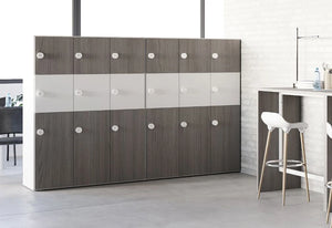 Buronomic Eko Monoblock Lockers With Standard Doors In Two Tone Finish With White Top Highstool In Meeting Room Setting