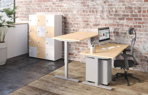 Buronomic Envol Classic High Adjustable Leg Desk With Crank In Oak Top Finish With Two Tone Locker And Grey Armchair