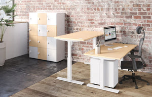 Buronomic Envol Evo Electric Sit Stand Desk In Oak Top Finish With Two Tone Locker And Grey Armchair