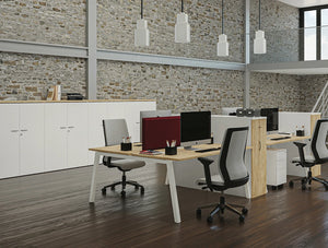 Buronomic Partage Trapezium Leg Desk 4 And Our Optimax Storage In An Office Setting