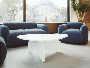 Buronomic Pebble Design Coffee Table 2 In White Finish With Grey Sofa In Lounge Area