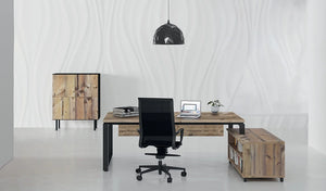 Buronomic Prestige Contemporary Executive Desk In Black Leg Finish With Black Armchair And Pendant Light In Office Area