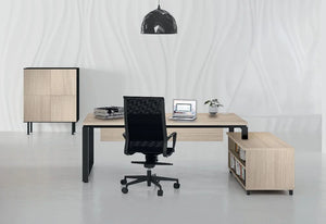 Buronomic Prestige Contemporary Executive Desk In Oak Top Finish With Black Armchair And Pendant Light In Office Area