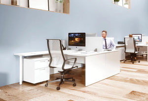 Buronomic Retro Sober And Rugged Desk In White Finish With White Armchair And Pedestal